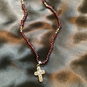 Beaded Garnet/silver cross necklace